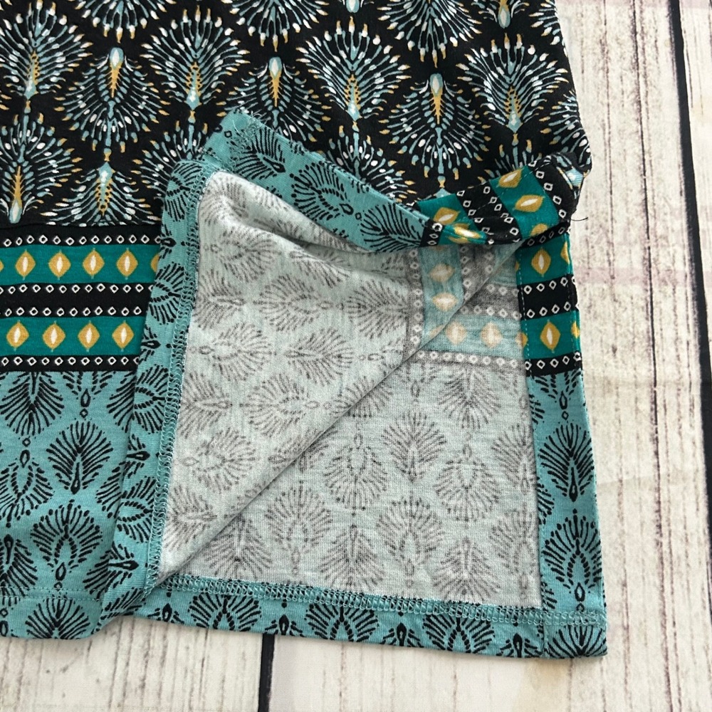 J. Jill Petite Large Peacock Print Henley Tunic Top Teal Black 3/4 Sleeve Rayon - Picture 6 of 10